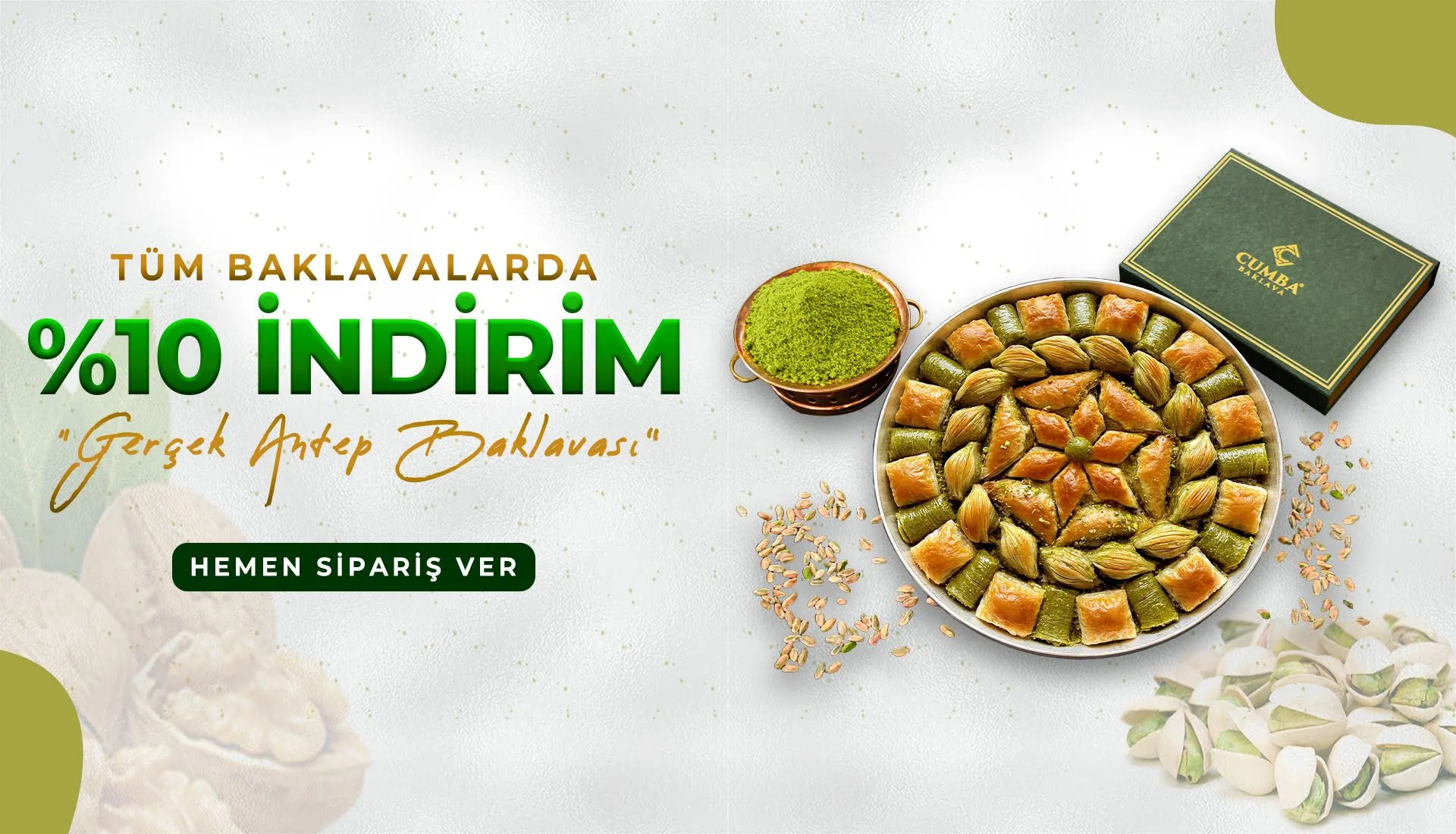 Baklavalarda %10 İndirim Cumba Baklava'dan şimdi sipariş verin, baklavalarımızda %10 indirim fırsatını kaçırmayın! Hemen alın, lezzeti kaçırmayın!